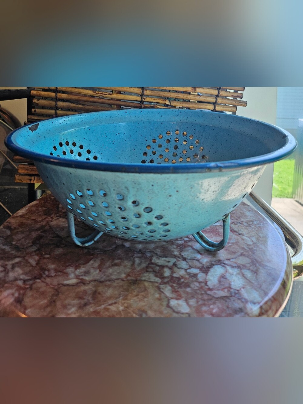 Vintage Enamelware Blue Footed Strainer